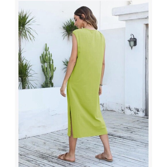 🌿🎨 NEW Riatour XS Pale Green Midi Dress –  Asymmetric Straps, Cotton, Pockets - Picture 3 of 10